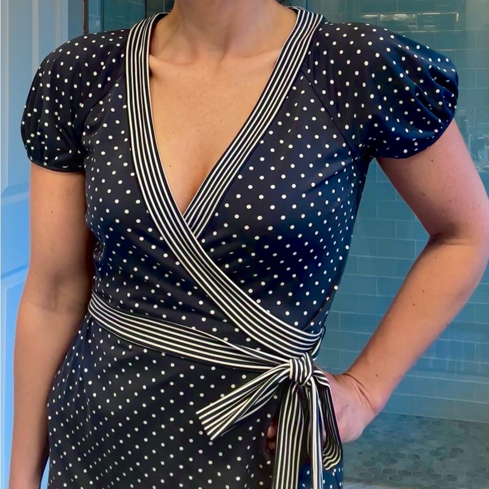 Polkadot Navy Blue and White Wrap Top with Striped Ribbon Waist Tie